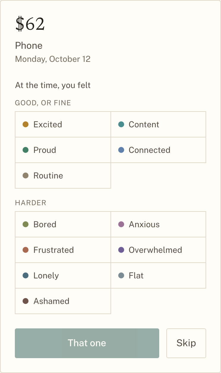 The tagging card on a phone. One past spend at the top, its amount and where it was, then the twelve feelings as two columns under the headings “Good, or fine” and “Harder”, and two buttons: “That one” and “Skip”.